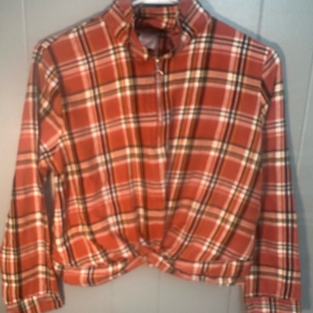 No Boundaries Plaid Long Sleeve Tee tie and zipper junior 7-9 cute